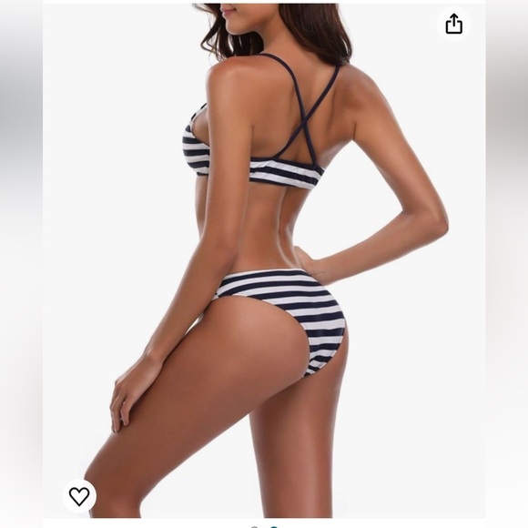 New Cupshe Navy Blue & White Striped Halter Top Bikini Swimsuit Size X Large - Picture 2 of 9